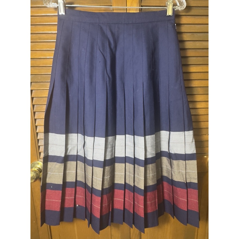 Vintage‎ Edinburgh Woollen Mill Pleated Wool Skirt UK 12 Navy Striped